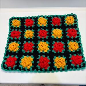 VTG Handmade Crocheted 3-D Granny Square Flower Pillow Cover Floral Cushion